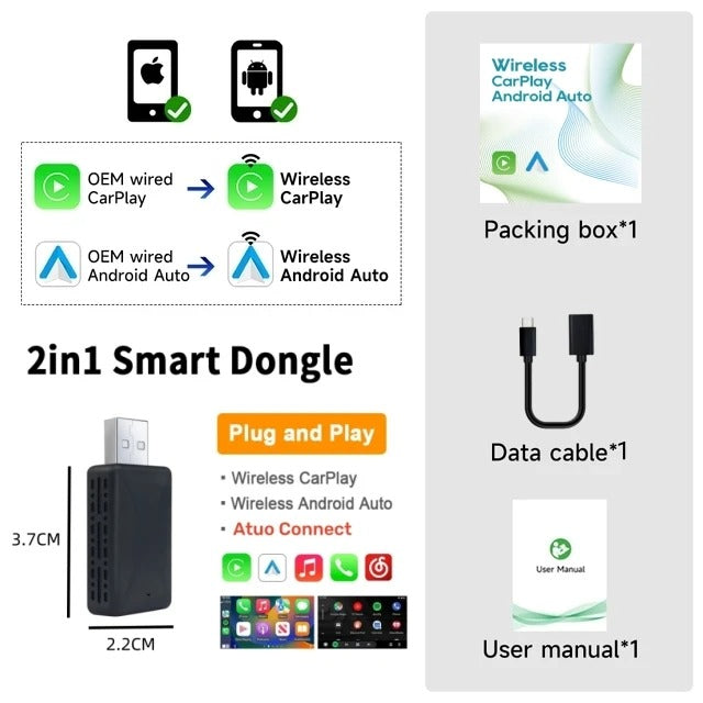 Wireless Carplay Adapter Android Auto Wireless Smart Dongle 2in1